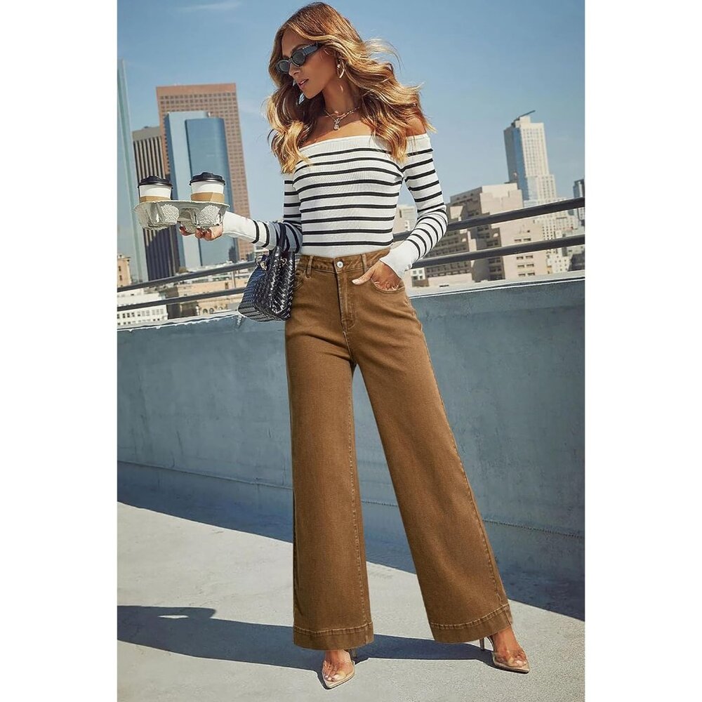 Women Light French Beige Wide Leg Denim Jeans Stretchy Loose Pant with Pockets - Picture 6 of 6